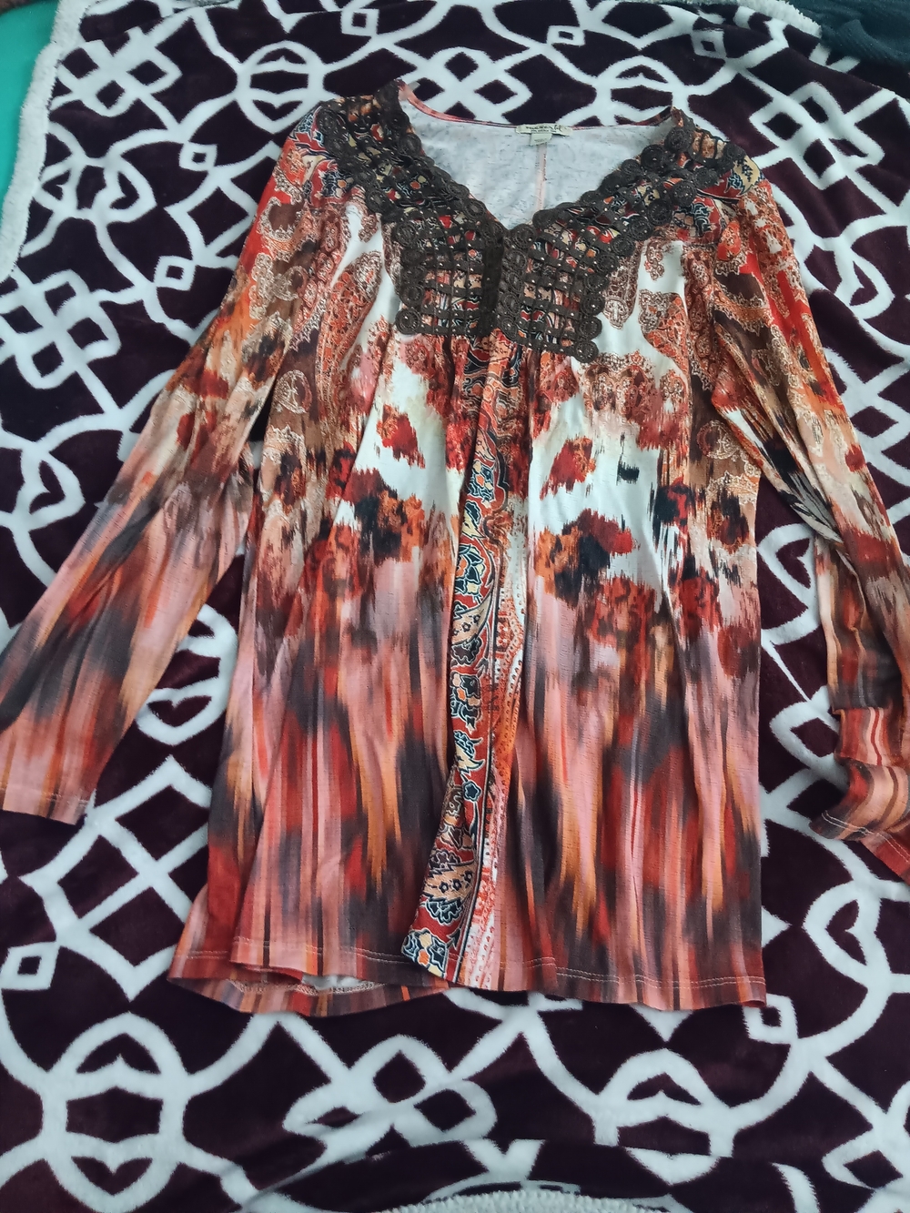 & Other Stories Rust Multi Crochet Yoke Long-Sleeve Blouse